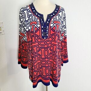 JM Collection Red, Blue, White Geometric Tunic with Beaded Accents, Size 1X